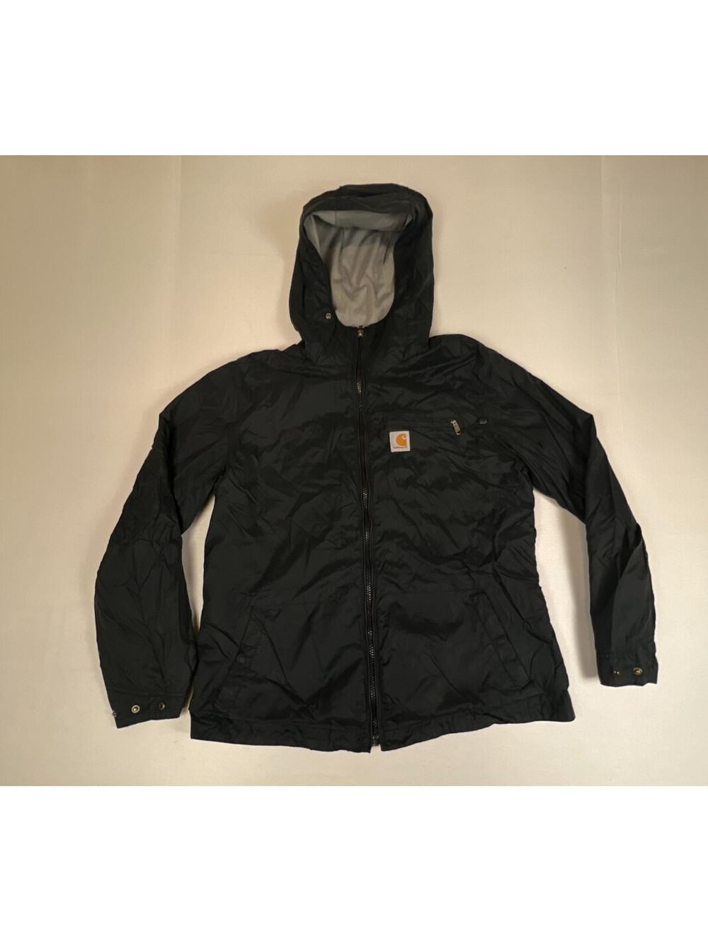 Carhartt Women S (8/10) Black Nylon Full Zip Hooded Rain Windbreaker Jacket